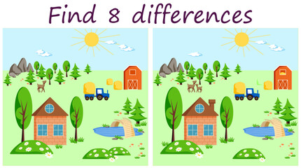 Logic puzzle game. Find 8 differences in landscape themed pictures with house, trees, deer, mountain, tractor, blue sky, sun. Vector illustration for children's development.