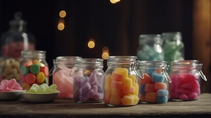 Fototapeta na wymiar a group of glass jars filled with different types of candies on a wooden table next to a string of lights and a string of lights. generative ai