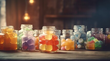 Fototapeta na wymiar a row of glass jars filled with different colored candies on a wooden table in a dark room with a light fixture in the background. generative ai
