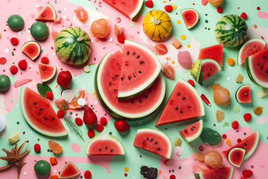 Trendy Background of delicious watermelon slices on colorful background from above. Illustration-Generative AI