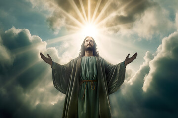 Jesus with raised hands appeared from the clouds and the sky with divine rays, risen coming. Generative AI.