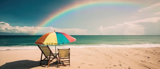 Umbrella, chairs, sea and sand, rainbow, tropical vacation concept. Generative AI