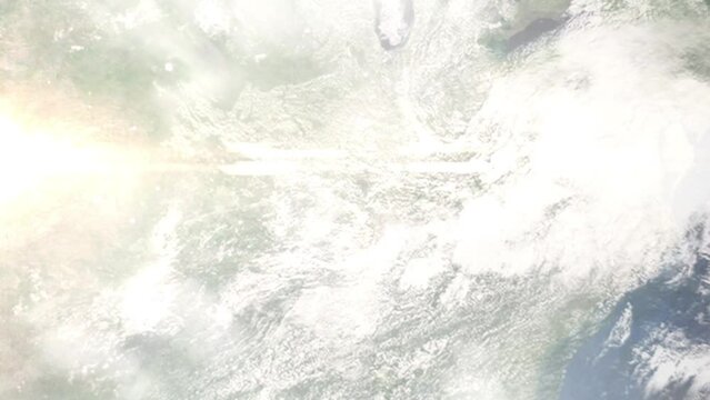 Earth zoom in from outer space to city. Zooming on Paducah, Kentucky, USA. The animation continues by zoom out through clouds and atmosphere into space. Images from NASA