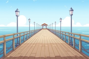 Obraz premium imagine a pier in the distant with a hazy blue sky from a high angle. Generative AI