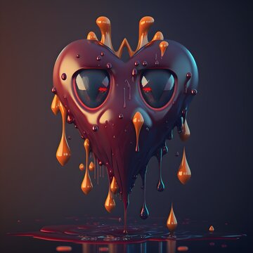 create a heart character in cinema 4D corona render extreme in details showing pain and throbbing dripping tears 