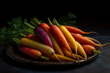 A pile of fresh carrots with green leaves on a plate. Dark background. Harvest still life. Generative AI