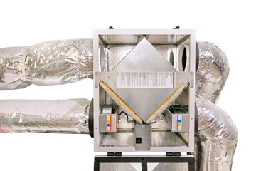 Isolated view of intake, exhaust, fans and filters for an energy recovery ventilator (ERV) on a heating/air conditioning system