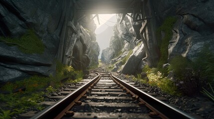 Fototapeta na wymiar Old abandoned rail tunnel, AI generative industrial object, landscape with grenery