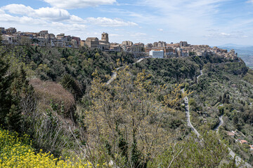 Fototapeta na wymiar View of Enna , Castello di Lombardia (Lombardy Castle) and mountain Etna, Sicily, Italy