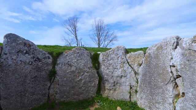 Dolmen of La Caba&ntilde;a in the surroundings of the town of Sargentes de la Lora. Aerial view from a drone. World geological heritage UNESCO. Las Loras Geopark. Burgos. Castile and Leon. Spain, Europe