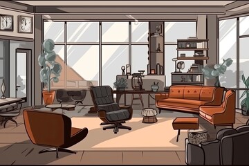 A mock-up of a living rooms furnishings and accessories is shown on a blank wall. Generative AI