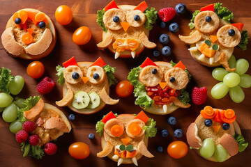 Fototapeta na wymiar Owl style food art lunch for kids with fresh colorful incridience, generative AI