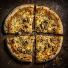 Artisan pipzza, overhead shot with tuna olives, cheese and generative IA - obrazy, fototapety, plakaty