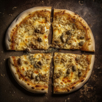 Artisan pipzza, overhead shot with tuna olives, cheese and generative IA