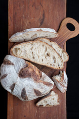 Fresh homemade rye bread. Round bread cut into pieces.