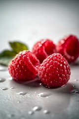 Fresh Raspberries with Glistening Droplets of Water on White Background. Generative AI