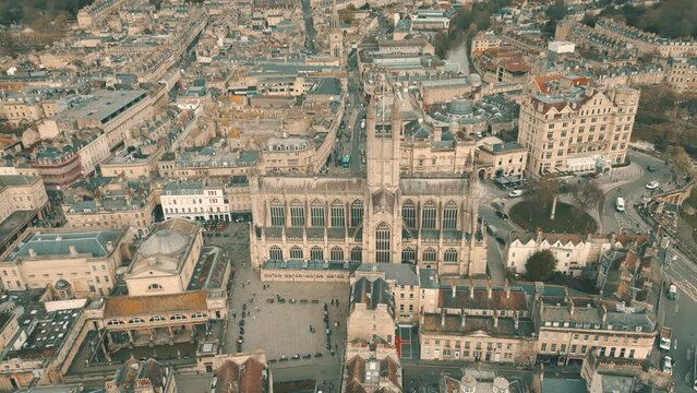 Aerial drone shot of gothic architecture of Bath Abbey in Somerset, UK