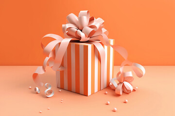 Striped orange gift box with large ribbon. Generative AI illustration