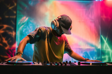 Bright dynamic illustration of male DJ in a nightclub, AI generative illustration