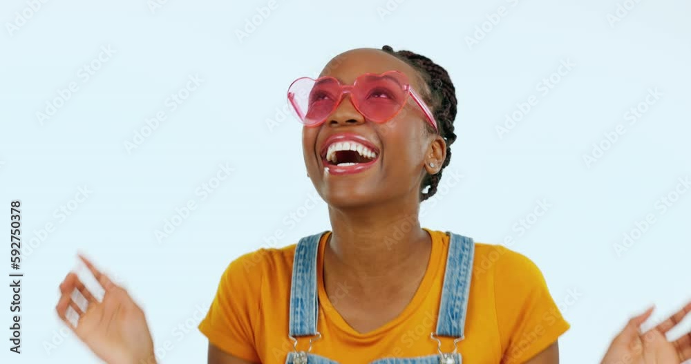 Sticker Wink, laughing and face of a black woman with sunglasses isolated on a white background in a studio. Happy, funny and an African girl winking with fashionable glasses for summer on a backdrop