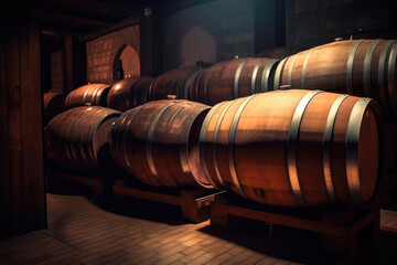 Vintage Wine in an old barrel. Storage of whiskey. Barrel storage of rum. Generative AI