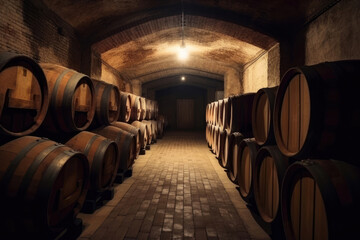 Rows of alcohol barrels in a warehouse of a factory for the production of cognac, whiskey, wine, brandy. Barrel Alcohol. Generative AI