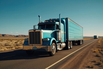 American style truck on freeway pulling load. Transportation theme. Generative AI