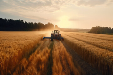 Tractor is going trough agriculture field full of gold wheat. Harvest concept. Generative AI