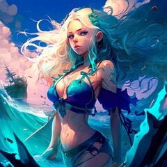 Obraz na płótnie Canvas A blonde girl in the sea. Generative AI.