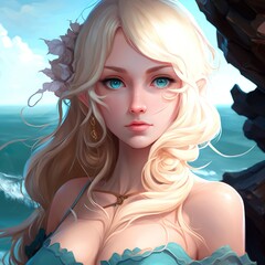 Fototapeta premium A blonde girl by the sea. Generative AI.