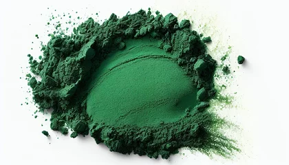 Green pigment. Heap of chlorella or spirulina algae, or matcha, on light background. Superfood concept powder. © Natalia Sarkar