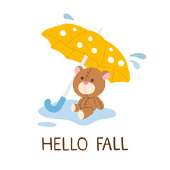 Vector illustration of autumn print with cute doodle teddy bear under dotted umbrella