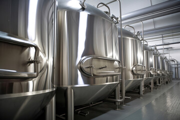 Obraz premium A number of steel tanks for mixing liquids. Stainless steel, food industry. Generative AI