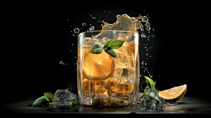 A glass of iced tea with lemon slices and mint leaves, ice cubes are splashing out of the glass and black background - generative AI