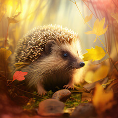 Close-up of a hedgehog in autumn forest, Generative AI