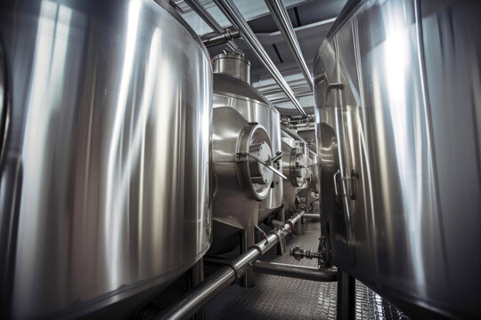 Modern Beer Factory. Rows of steel tanks for beer fermentation and maturation. Generative AI