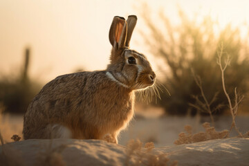 Obraz premium Rabbit in the desert during golden hour. Generative AI