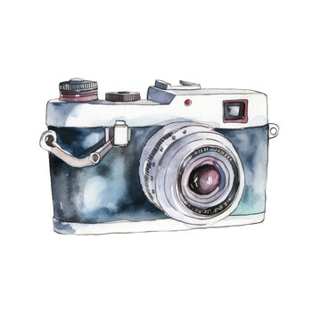 Watercolor vintage photo camera on white background. Retro film camera. Watercolor illustration. Generative AI