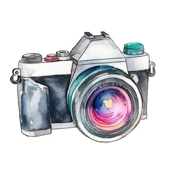 Watercolor vintage photo camera on white background. Retro film camera. Watercolor illustration. Generative AI