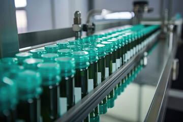 Pharmaceutical production line - conveyor belt with empty injection glass vials. Generative AI