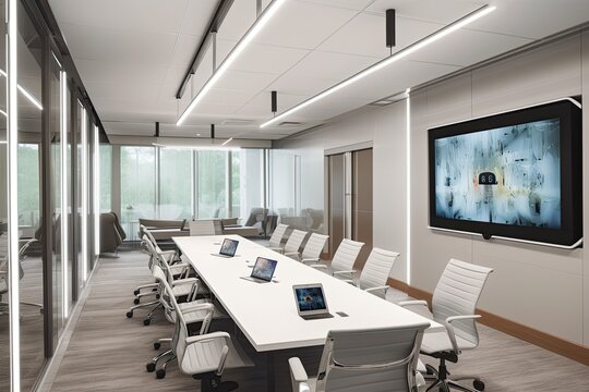High-tech meeting room with video conferencing capabilities, interactive whiteboards, ergonomic chairs, and advanced audio-visual equipment - Generative AI