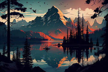 Mountains reflected in the evening lake, landscape abstract illustration.