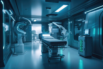 State-of-the-art hospital, where robots and AI-powered devices assist doctors and nurses in diagnosing and treating patients. Generative AI