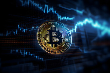 Bitcoin cryptocurrency, financial market analysis charts, blockchain cyber protection and digital security, generative ai