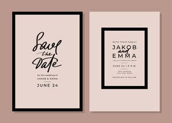 Set of wedding invitation cards. Classical style black and beige templates. Save the date. Layout design with handwritten typography and frame. RSVP