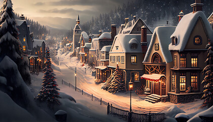 Christmas landscape, magical village with glowing windows, Christmas tree and lots of snow. Abstract illustration.