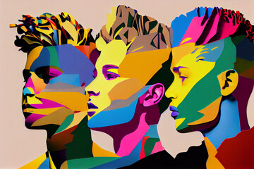 Art collage, portraits of a group of young people in LGBT style. Abstract illustration.