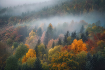 Fog over autumn forest. Generative AI