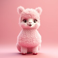 Adorable Pink Alpaca 3D Character Isolated on Pink Background - A Realistic Fluffy Baby Lama Cartoon Illustration 3D Render. Generative AI