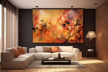 Contemporary Living Room Transformation: Mag-Inspired Fall Design with Orange, White and Yellow Furniture. Generative AI